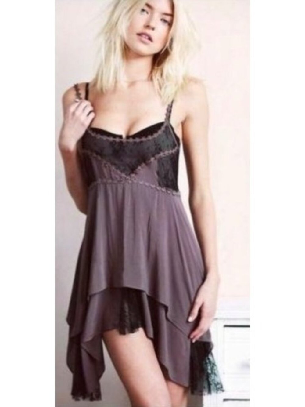 RARE Free People Pieced Together Layered Lace Slip Dress S | Boho Grunge Fairy